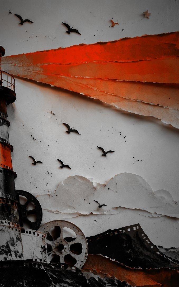 Paper-craft lighthouse beaming across a torn-paper sky